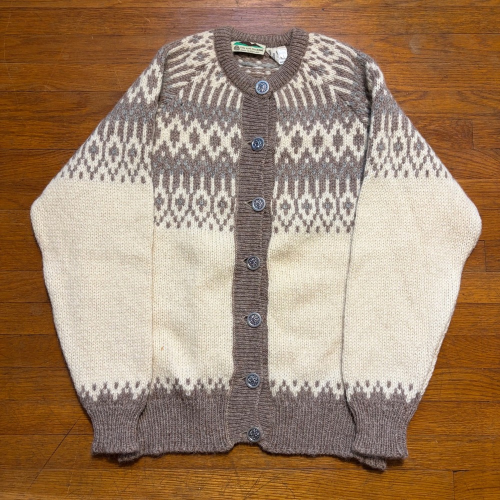 Vintage Highland Craft Scotland Wool Fair Isle Cardigan Sweater Cream L